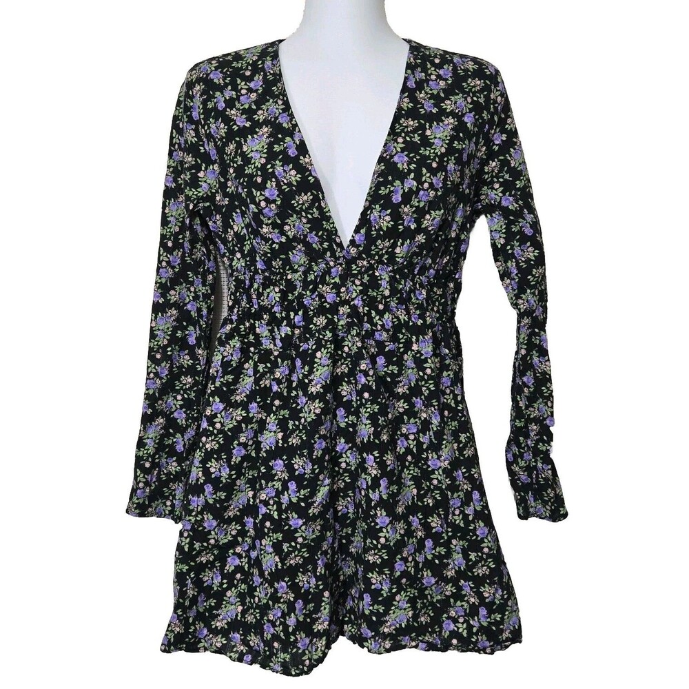 Zara Dress Womens Small Black Purple Floral Mini Long Sleeve Cotton - Picture 1 of 10